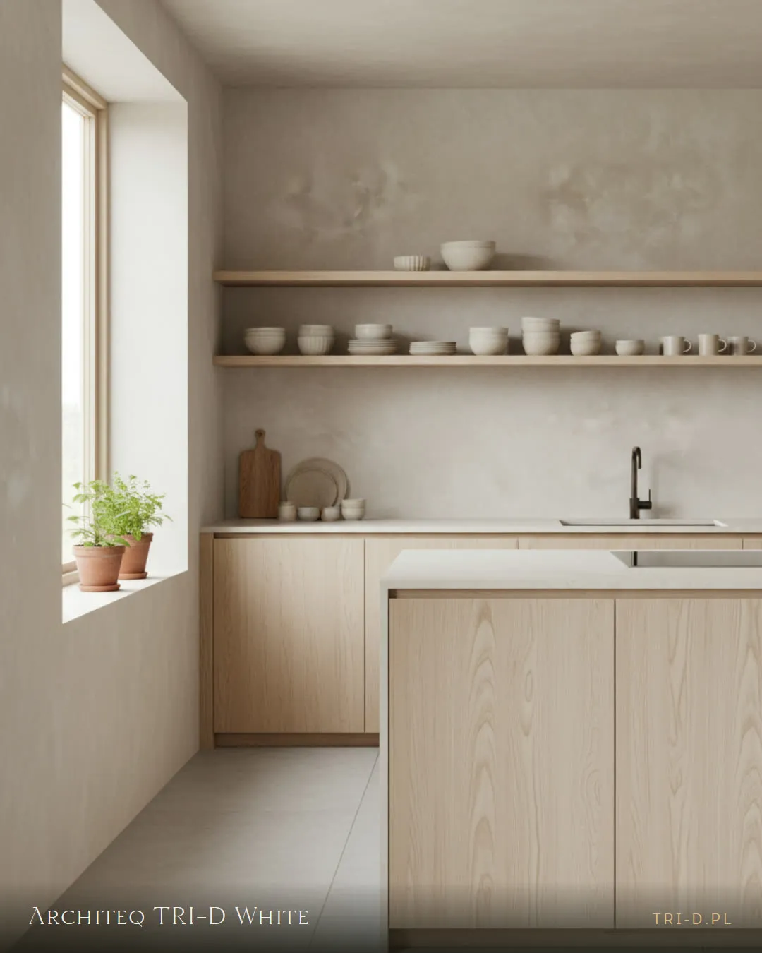Wizualizacja wnętrza ze spiekiem Architeq TRI-D White